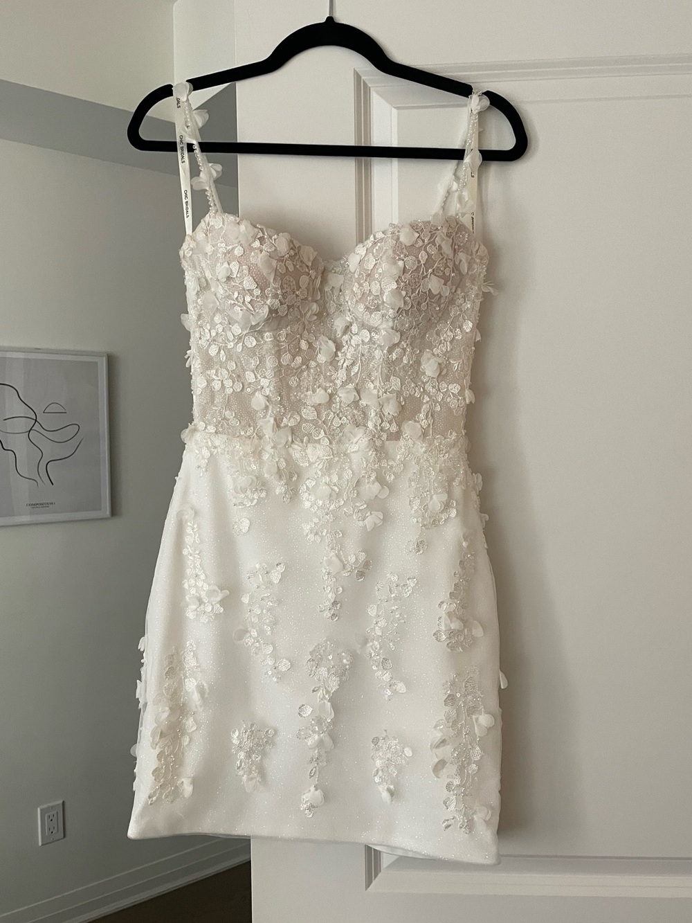 Chic Bridal Mini Dress: Ivory with Floral Appliqué, size 4